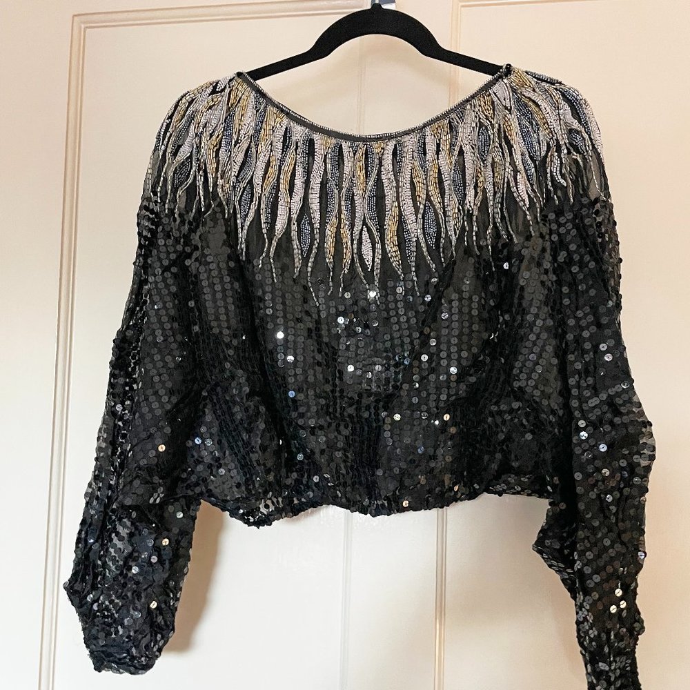 1970s vintage black sequin batwing crop top blouse